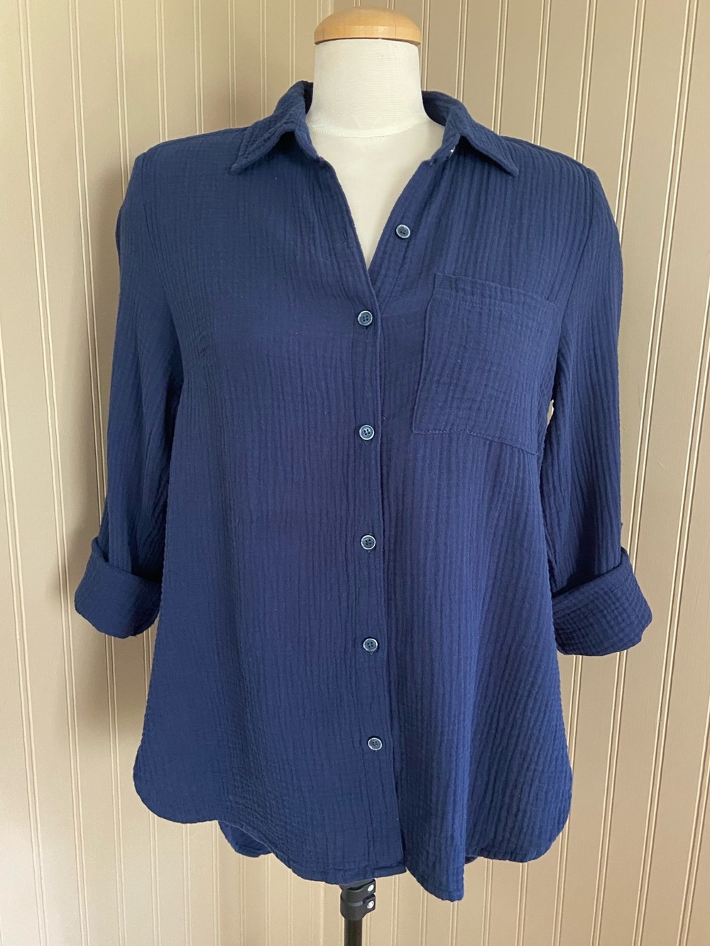 Kenneth Cole 100% Cotton Navy Blue Textured Button Down Relaxed Fit Shirt Small
